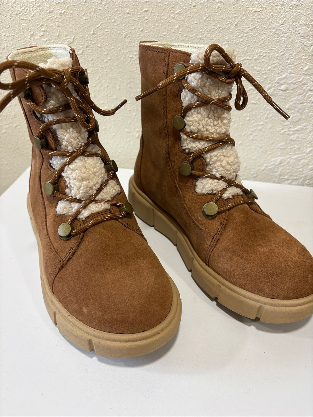 Sorel Explorer III Joan Cozy Shearling-Lace Winter Boots in Brown